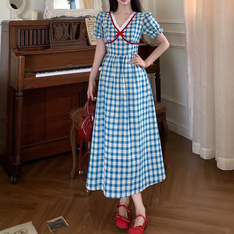 TORIGHT Short Sleeved Dress Women's Blue Gift Bowknot Hair Tie-2