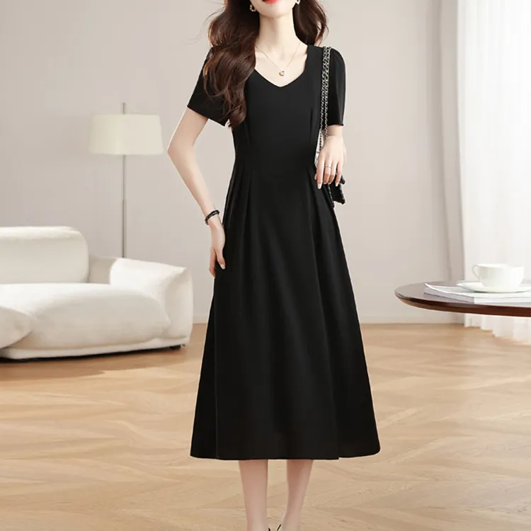 TORIGHT Short Sleeved Dress Women's Black+Bowknot Hair Tie Comes With-3