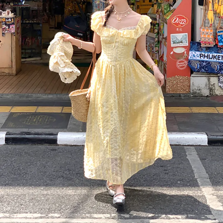 TORIGHT Short Sleeved Dress Women's Yellow+Bowknot Hair Tie Comes With-5