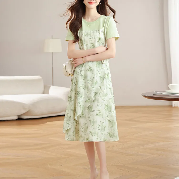 TORIGHT Short Sleeved Dress Women's Bamboo Leaf Green+Bowknot Hair Tie Comes With-5
