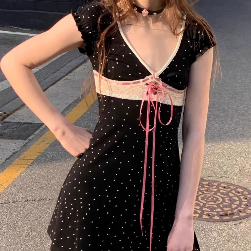 TORIGHT Short Sleeved Dress Women's Black+Bowknot Hair Tie Comes With-2