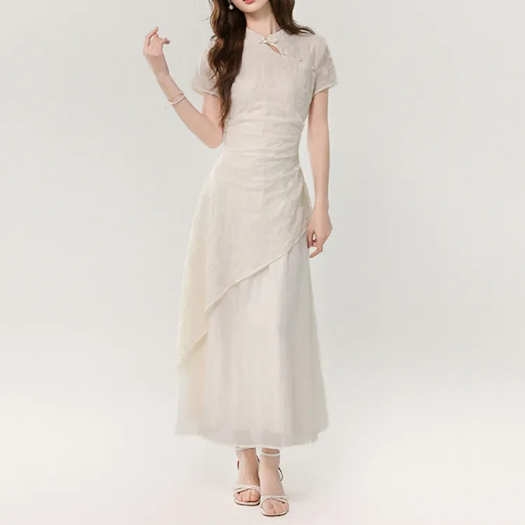 TORIGHT Short Sleeved Dress Women's Apricot+Bowknot Hair Tie Comes With-3
