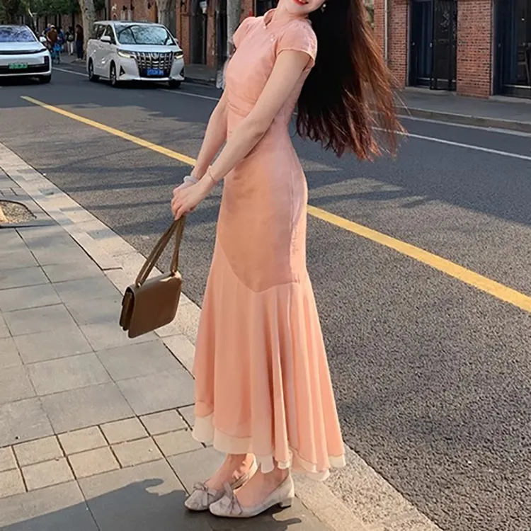 TORIGHT Short Sleeved Dress Women's Orange Pink+Bowknot Hair Tie Comes With-3