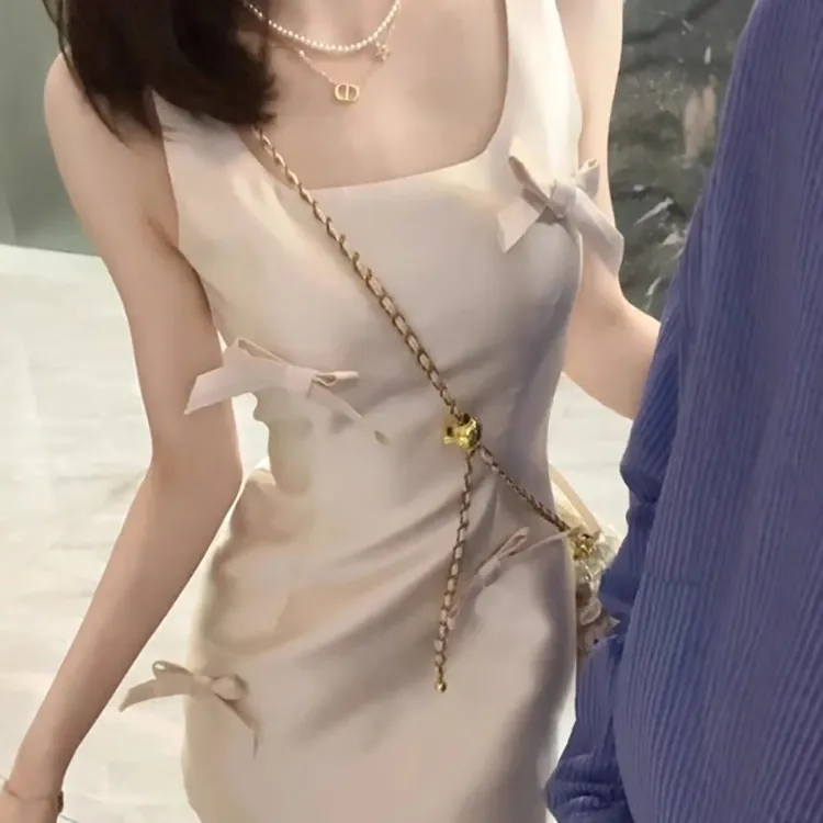 TORIGHT Sleeveless Dress Women's Pearl White+Bowknot Hair Tie Comes With-5