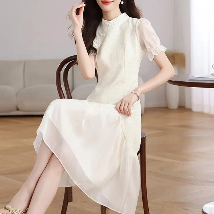 TORIGHT Short Sleeved Dress Women's Apricot+Bowknot Hair Tie Comes With-6