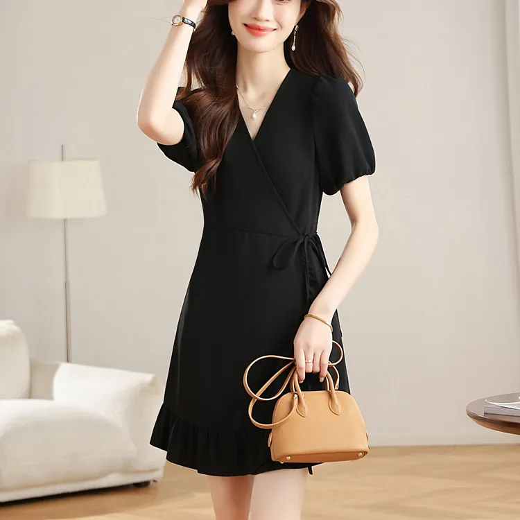 TORIGHT Short Sleeved Dress Women's Black+Bowknot Hair Tie Comes With-2