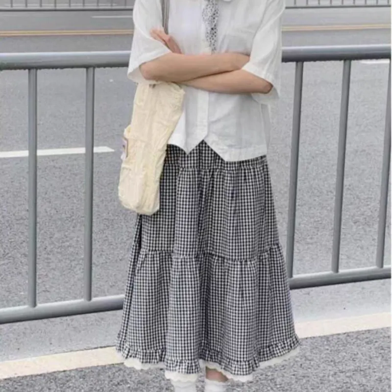 TORIGHT Casual Long Skirts Women's Gray Plaid-3