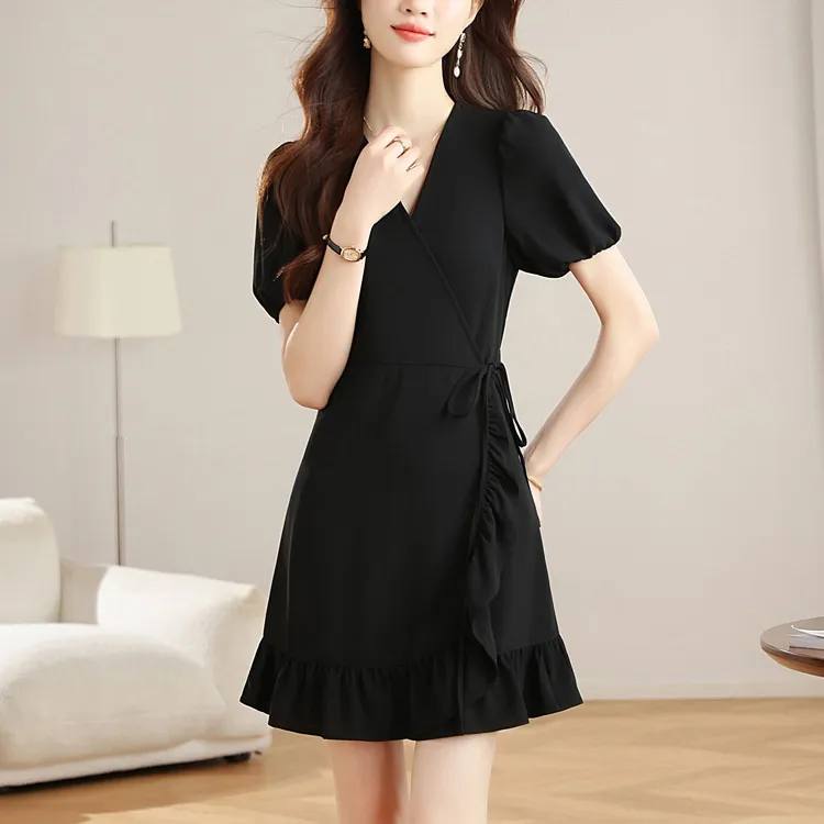 TORIGHT Short Sleeved Dress Women's Black+Bowknot Hair Tie Comes With-3