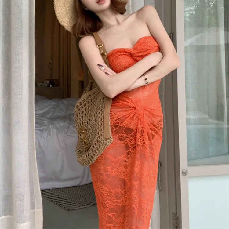 TORIGHT Sleeveless Dress Women's Orange+Bowknot Hair Tie Comes With-6