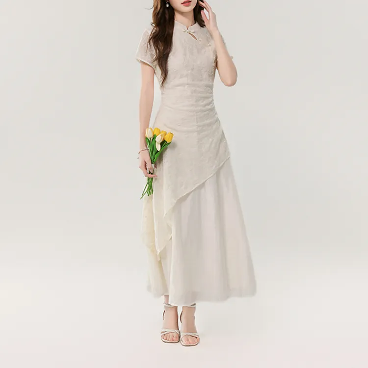 TORIGHT Short Sleeved Dress Women's Apricot+Bowknot Hair Tie Comes With-5