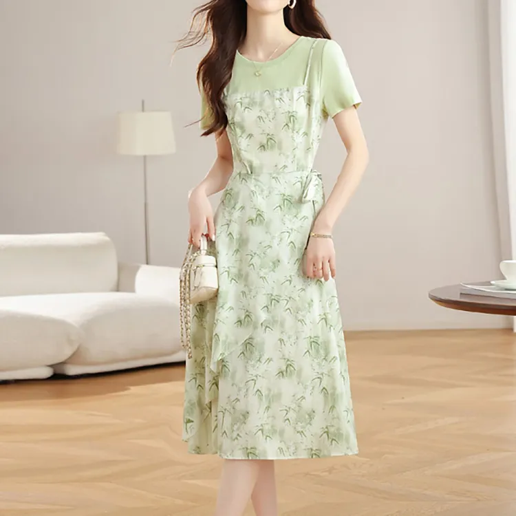 TORIGHT Short Sleeved Dress Women's Bamboo Leaf Green+Bowknot Hair Tie Comes With-3