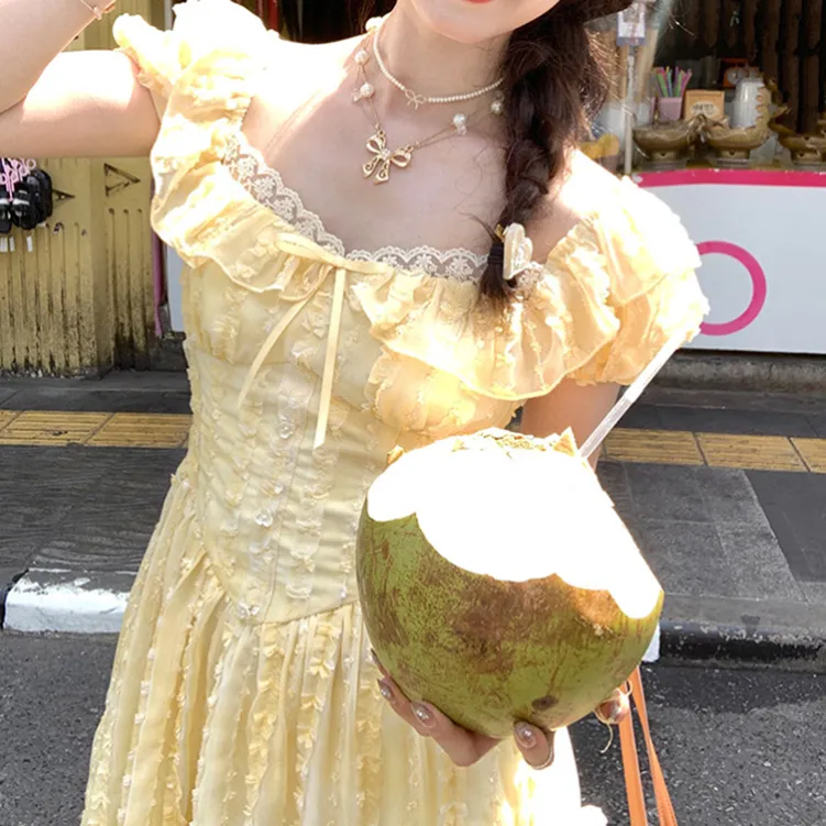 TORIGHT Short Sleeved Dress Women's Yellow+Bowknot Hair Tie Comes With-3