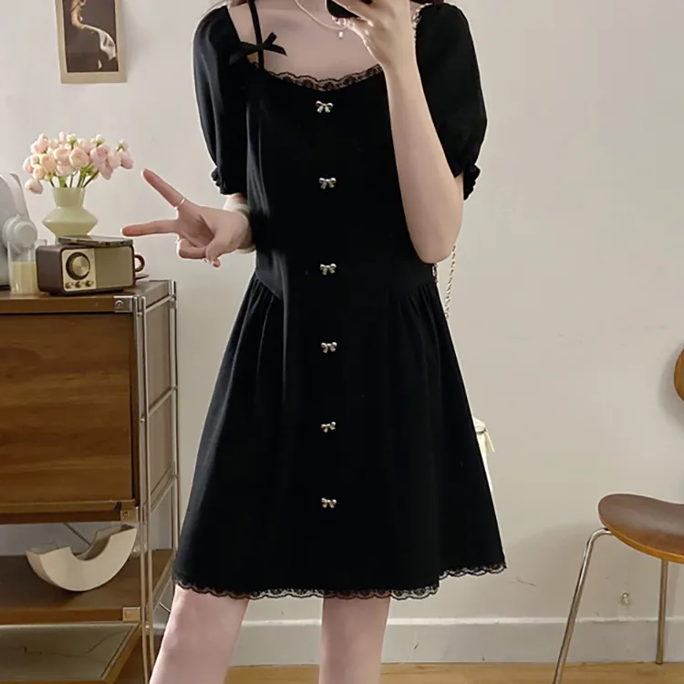 / Short Sleeved Dresses Women's Black+Bowknot Hair Tie Comes With-2