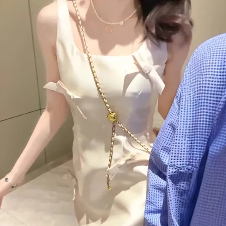 TORIGHT Sleeveless Dress Women's Pearl White+Bowknot Hair Tie Comes With-4
