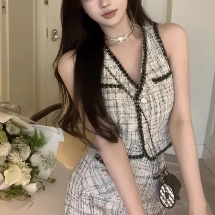 TORIGHT Skirt Set Women's Black White Plaid-3