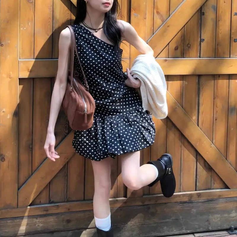 TORIGHT Sleeveless Dress Women's Black Polka Dot+Bowknot Hair Tie Comes With-3