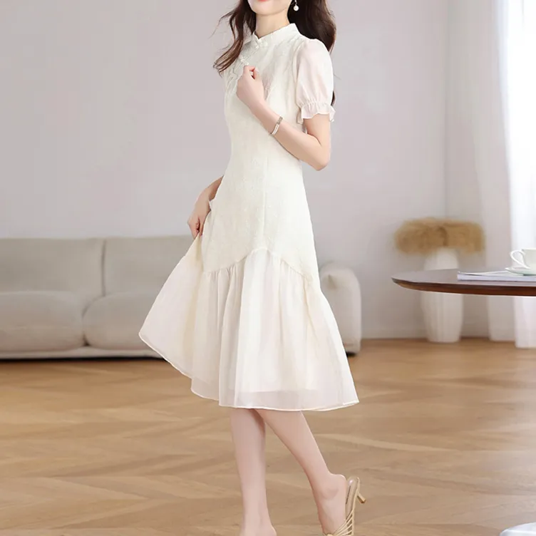 TORIGHT Short Sleeved Dress Women's Apricot+Bowknot Hair Tie Comes With-5