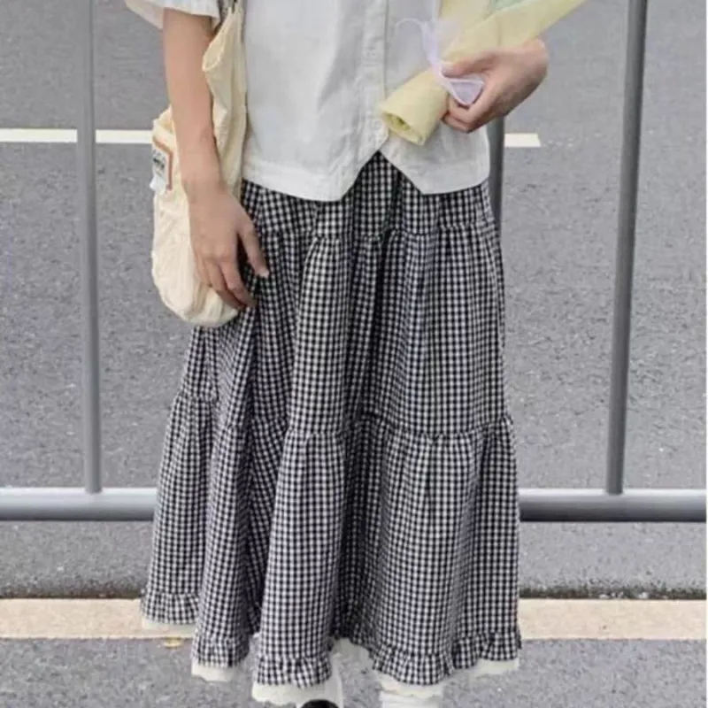 TORIGHT Casual Long Skirts Women's Gray Plaid-4