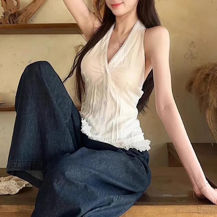 TORIGHT Camisole Women's White+Bowknot Hair Tie Comes With-4