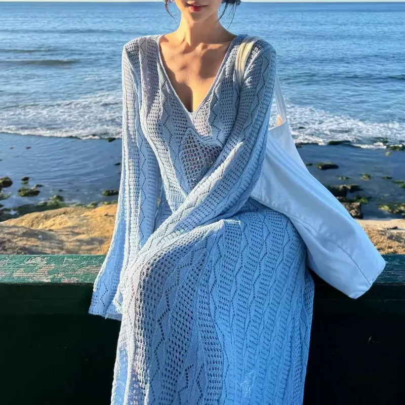 TORIGHT Long Sleeved Dress Women's Blue/Bowknot Hair Tie Comes With-4