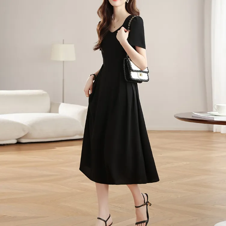 TORIGHT Short Sleeved Dress Women's Black+Bowknot Hair Tie Comes With-4