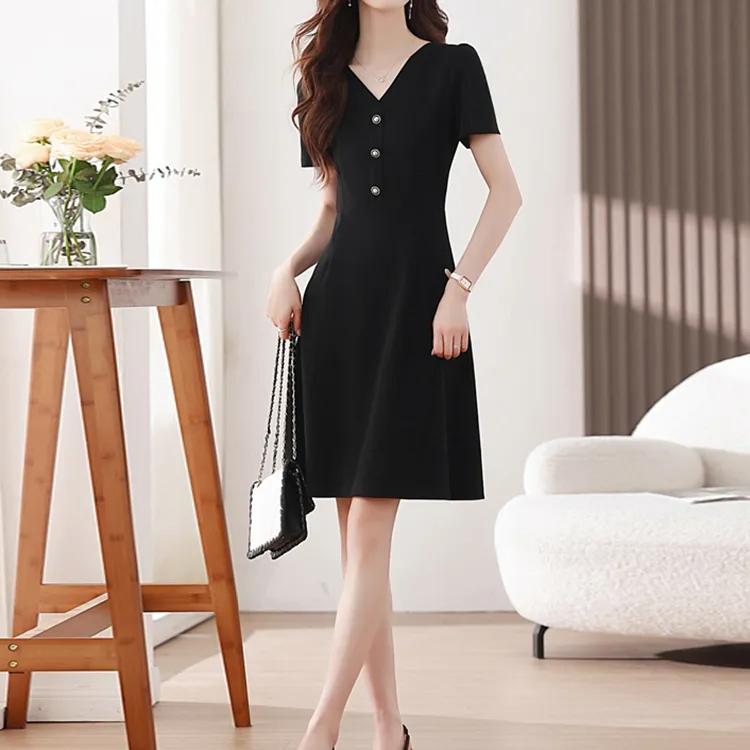 TORIGHT Short Sleeved Dress Women's Black+Bowknot Hair Tie Comes With-4