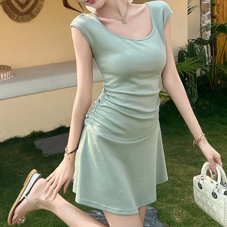 TORIGHT Short Sleeved Dress Women's Green+Bowknot Hair Tie Comes With-3