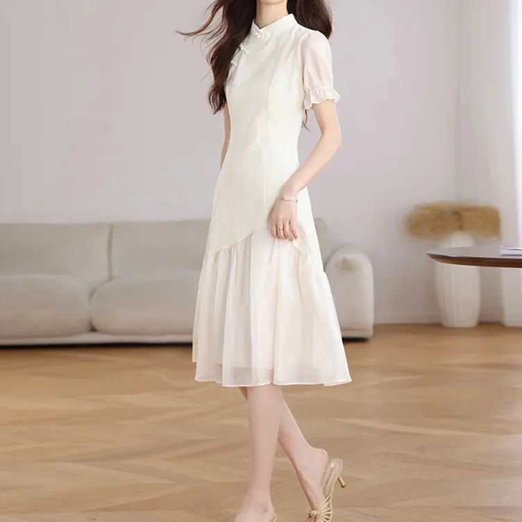 TORIGHT Short Sleeved Dress Women's Apricot+Bowknot Hair Tie Comes With-4