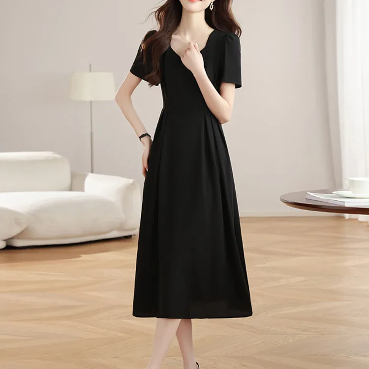 TORIGHT Short Sleeved Dress Women's Black+Bowknot Hair Tie Comes With-5