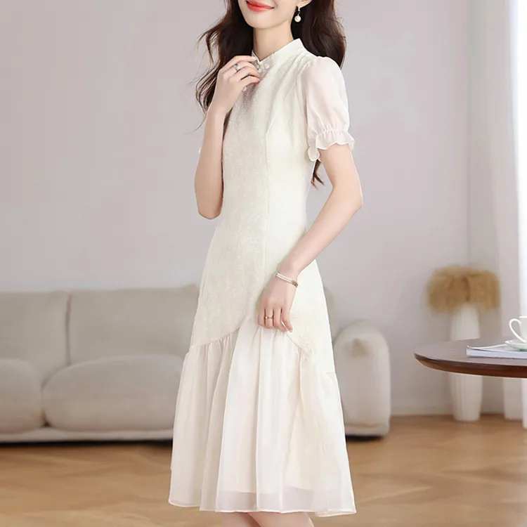TORIGHT Short Sleeved Dress Women's Apricot+Bowknot Hair Tie Comes With-2
