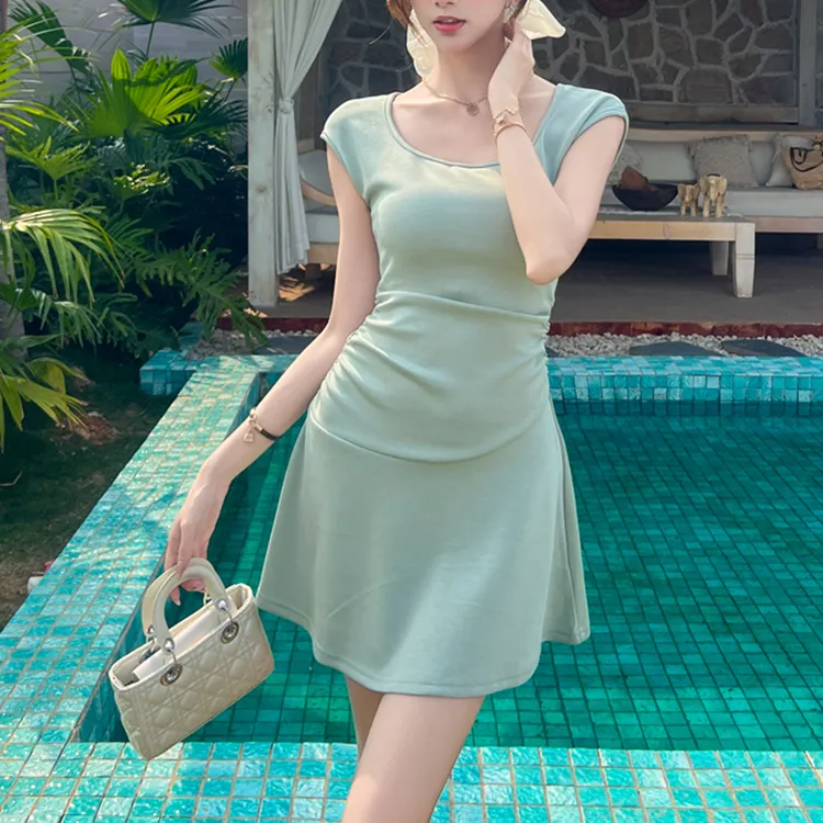 TORIGHT Short Sleeved Dress Women's Green+Bowknot Hair Tie Comes With-5