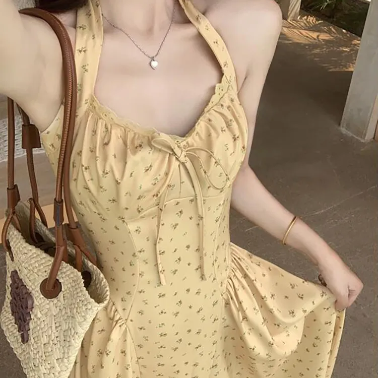 TORIGHT Slip Dress Women's Yellow+Bowknot Hair Tie Comes With-4