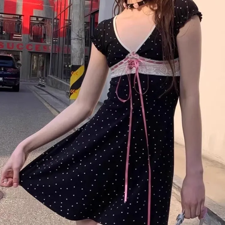 TORIGHT Short Sleeved Dress Women's Black+Bowknot Hair Tie Comes With-4