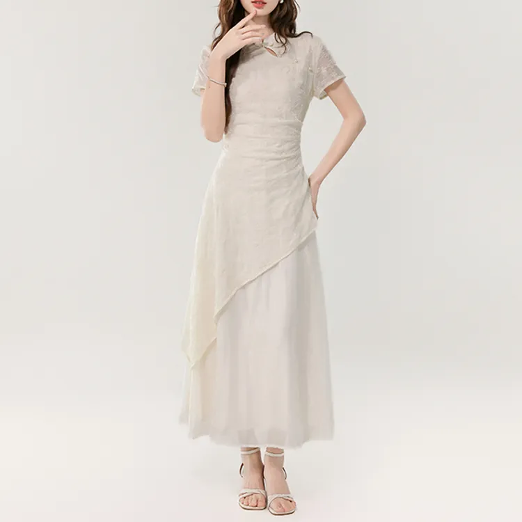 TORIGHT Short Sleeved Dress Women's Apricot+Bowknot Hair Tie Comes With-4