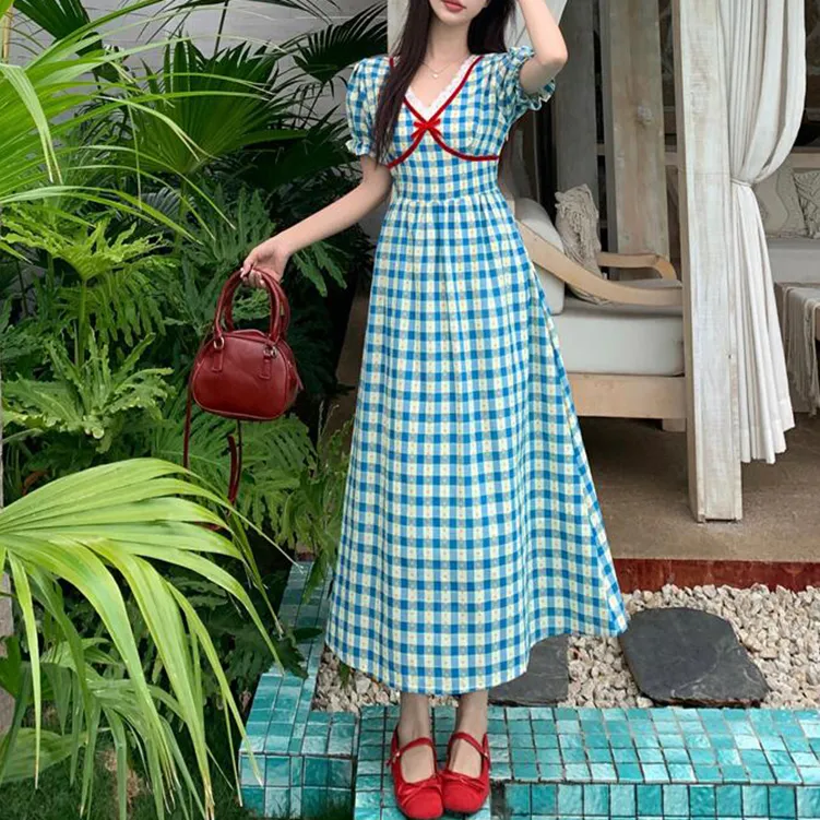 TORIGHT Short Sleeved Dress Women's Blue Gift Bowknot Hair Tie-5
