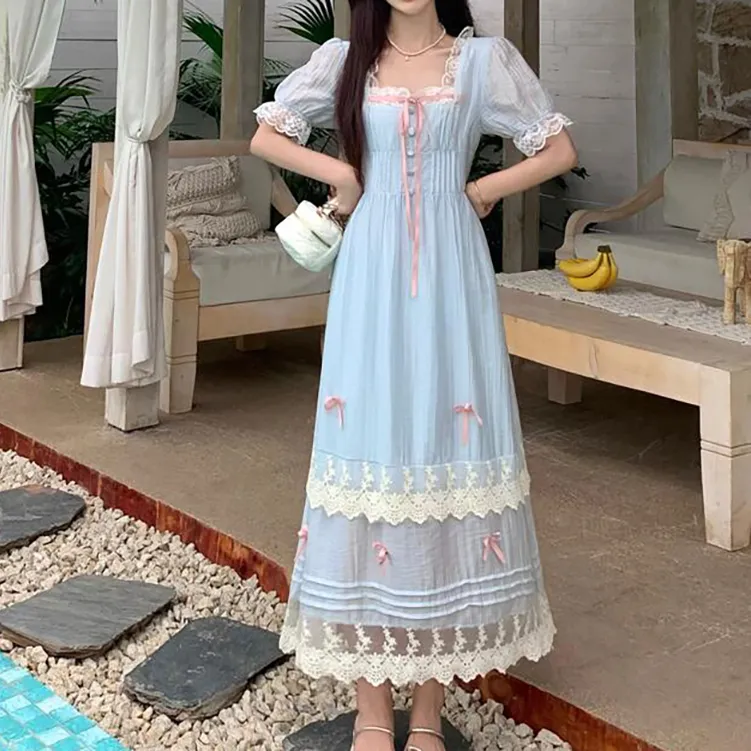 TORIGHT Short Sleeved Dress Women's Blue+Bowknot Hair Tie Comes With-5