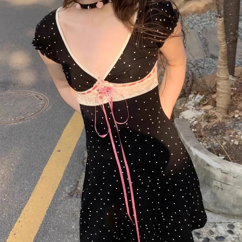TORIGHT Short Sleeved Dress Women's Black+Bowknot Hair Tie Comes With-3