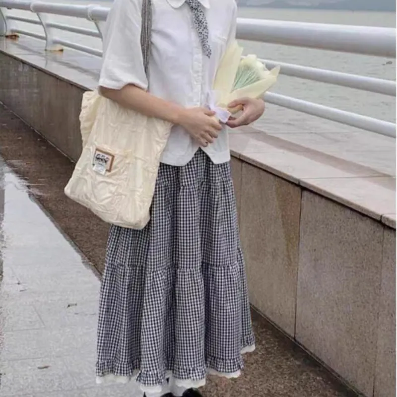 TORIGHT Casual Long Skirts Women's Gray Plaid-2
