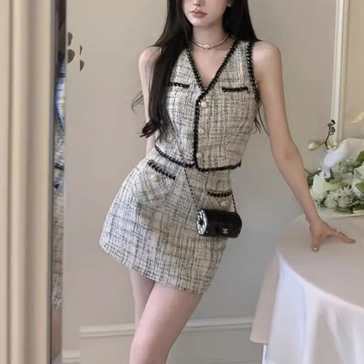 TORIGHT Skirt Set Women's Black White Plaid-2