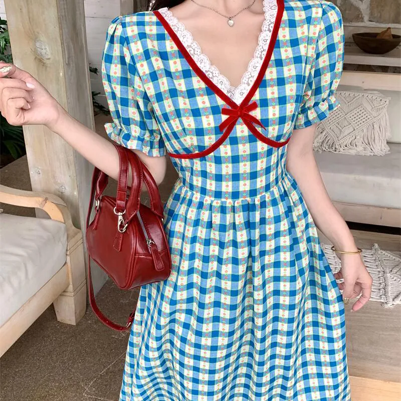 TORIGHT Short Sleeved Dress Women's Blue Gift Bowknot Hair Tie-4