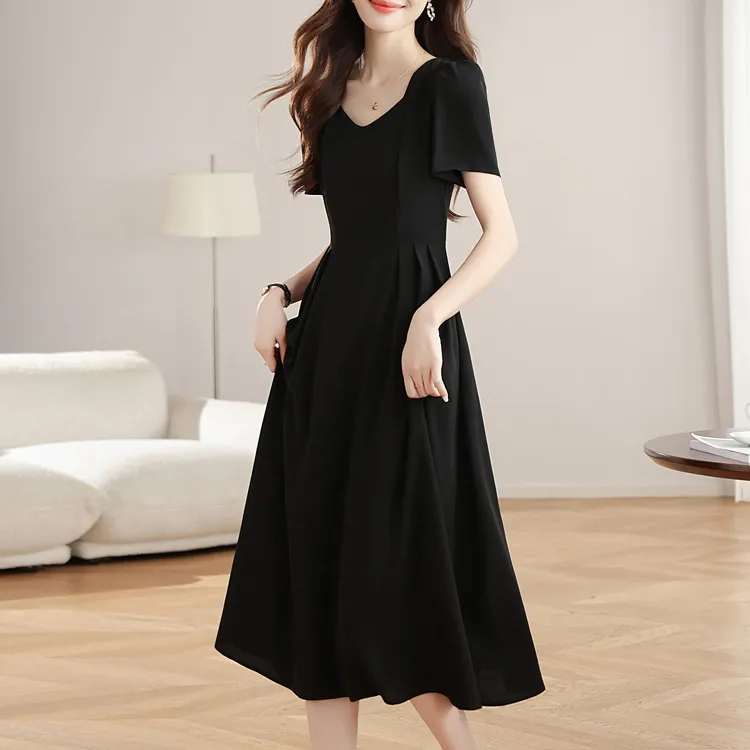 TORIGHT Short Sleeved Dress Women's Black+Bowknot Hair Tie Comes With-2