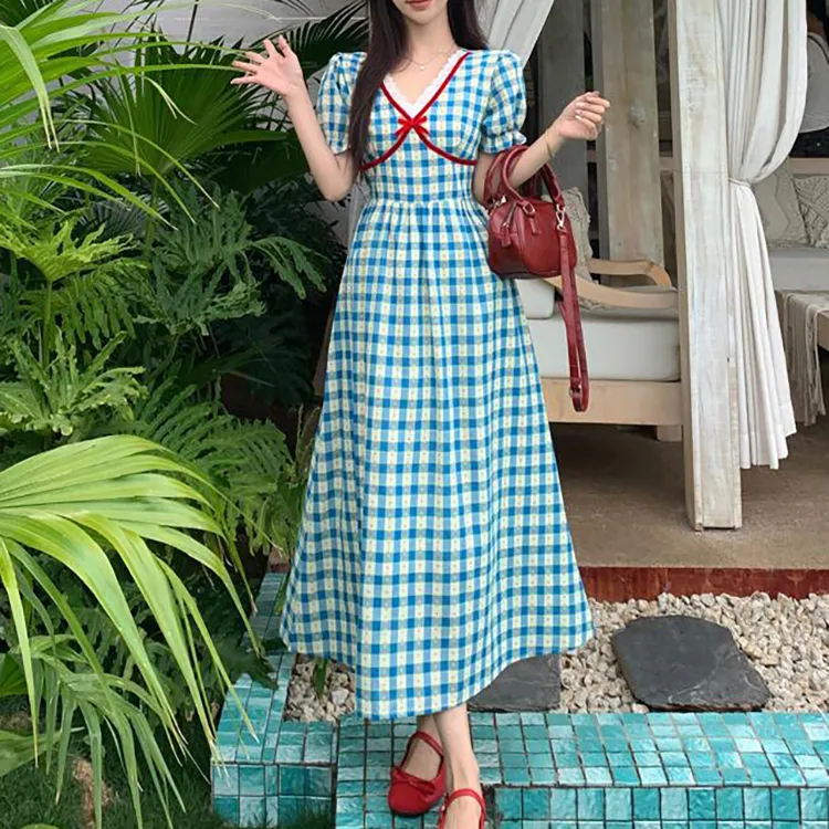 TORIGHT Short Sleeved Dress Women's Blue Gift Bowknot Hair Tie-3