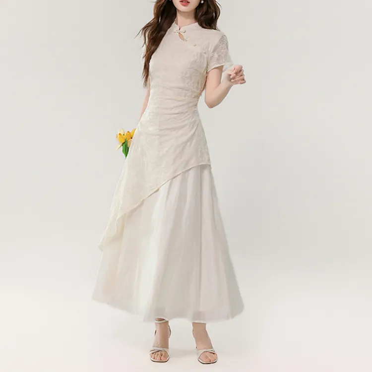 TORIGHT Short Sleeved Dress Women's Apricot+Bowknot Hair Tie Comes With-2