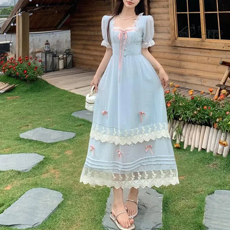 TORIGHT Short Sleeved Dress Women's Blue+Bowknot Hair Tie Comes With-2