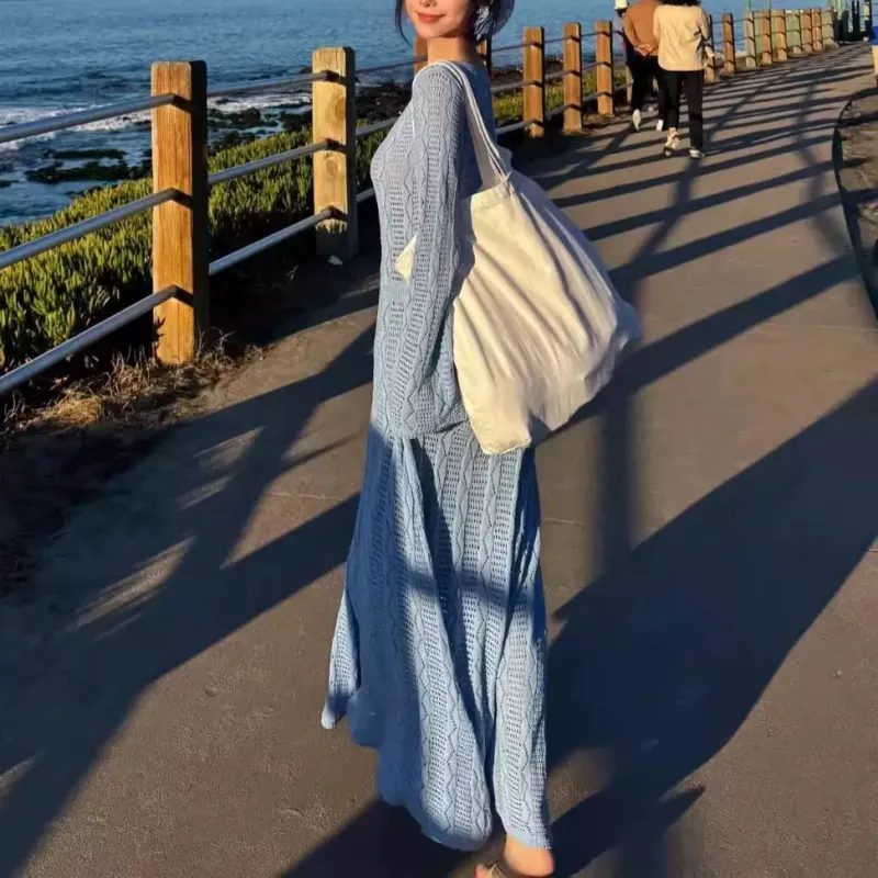 TORIGHT Long Sleeved Dress Women's Blue/Bowknot Hair Tie Comes With-2