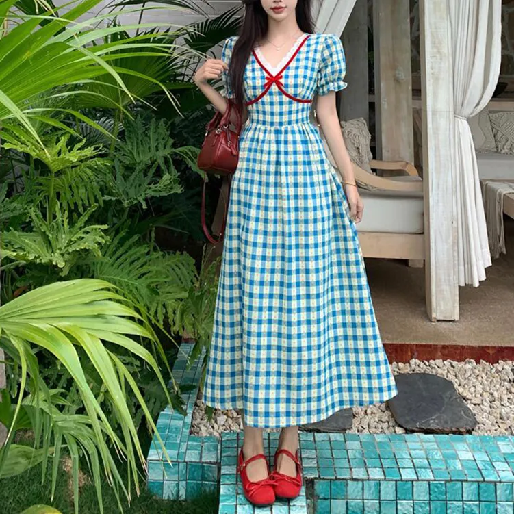 TORIGHT Short Sleeved Dress Women's Blue Gift Bowknot Hair Tie-1