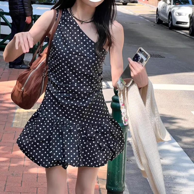 TORIGHT Sleeveless Dress Women's Black Polka Dot+Bowknot Hair Tie Comes With-2