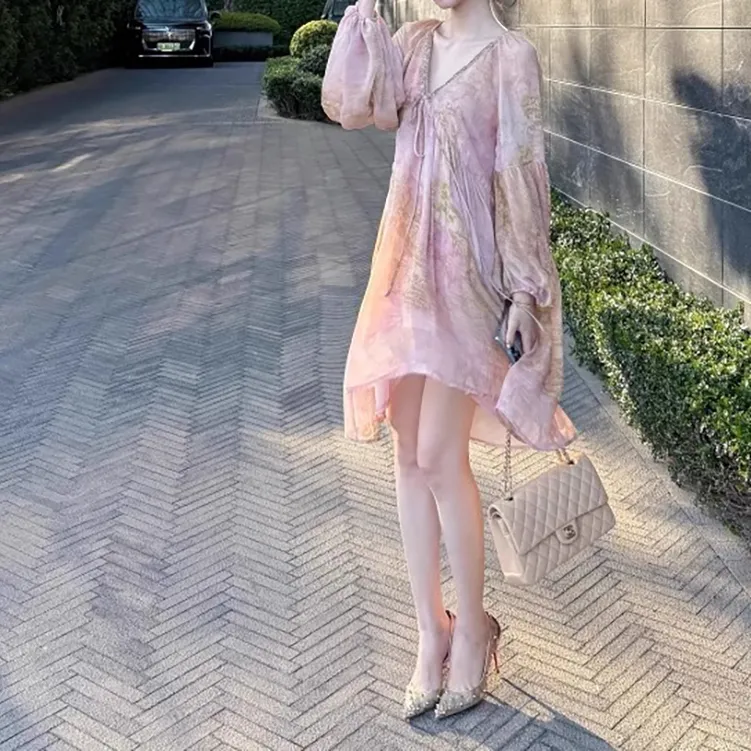TORIGHT Long Sleeved Dresses Women's Pink+Bow Hair Tie.-6