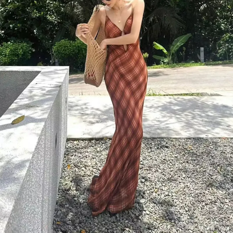TORIGHT Slip Dress Women's Vintage Plaid+Bowknot Hair Tie Comes With-2