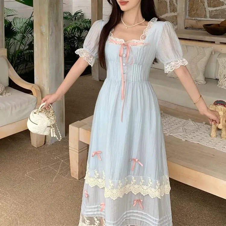 TORIGHT Short Sleeved Dress Women's Blue+Bowknot Hair Tie Comes With-6